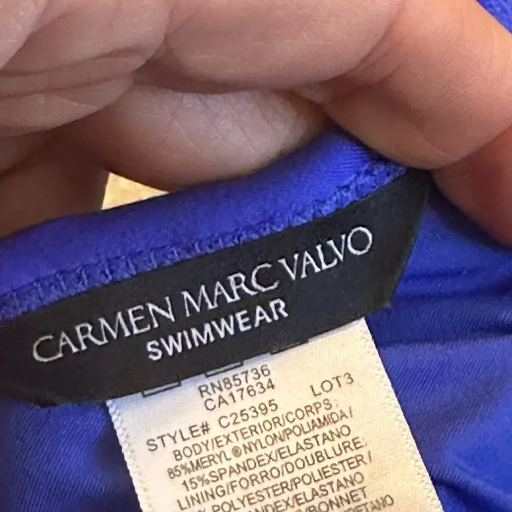 CARMEN MARC VALVO Bright Blue One Piece Swimsuit Deep V Ruched Slimming 12